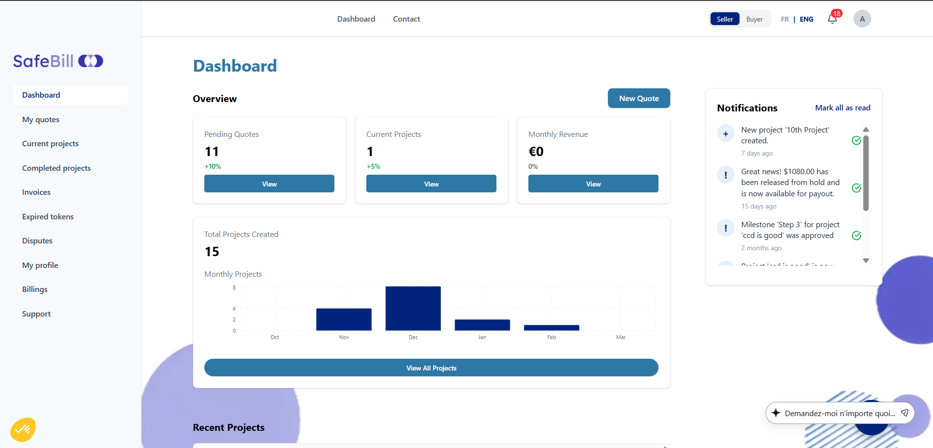 Safe-Bill milestone payment escrow dashboard overview